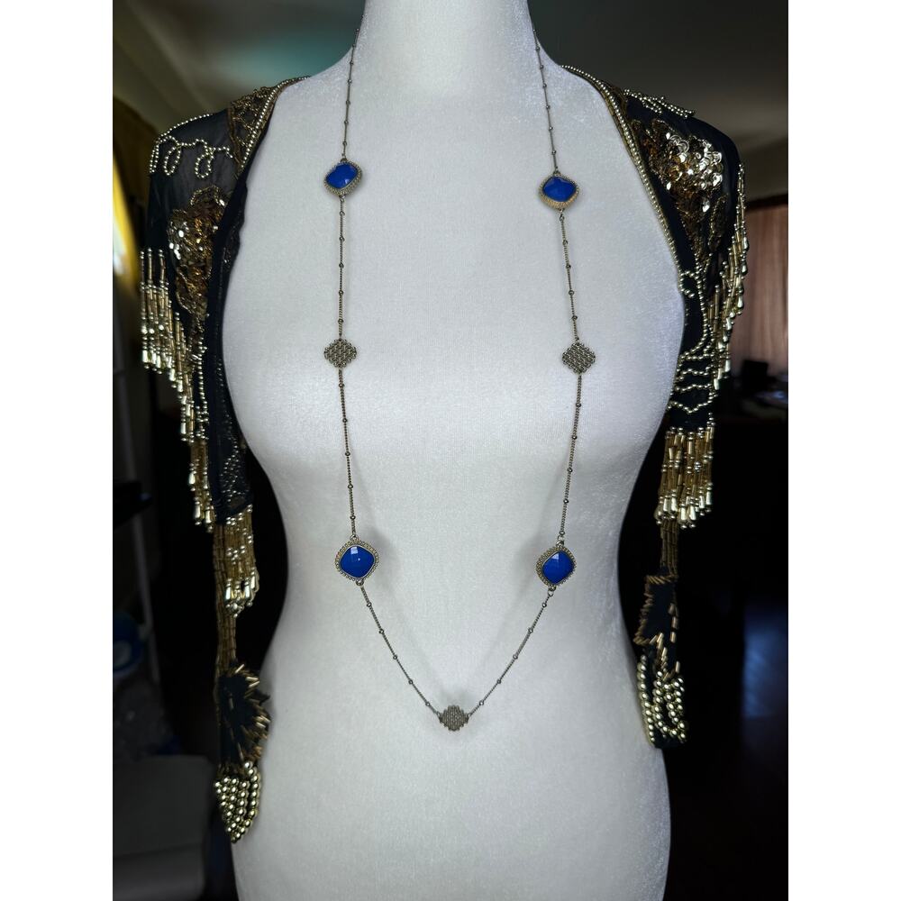 Two Tone Gold & Silver Single Strand Necklace With Blue Oval Drops/honeycomb